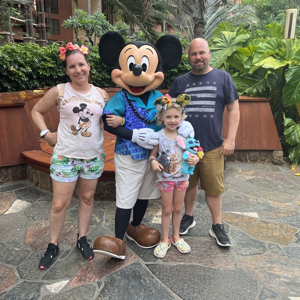 Kati, Jimmy, and Mia with Mickey at Aulani