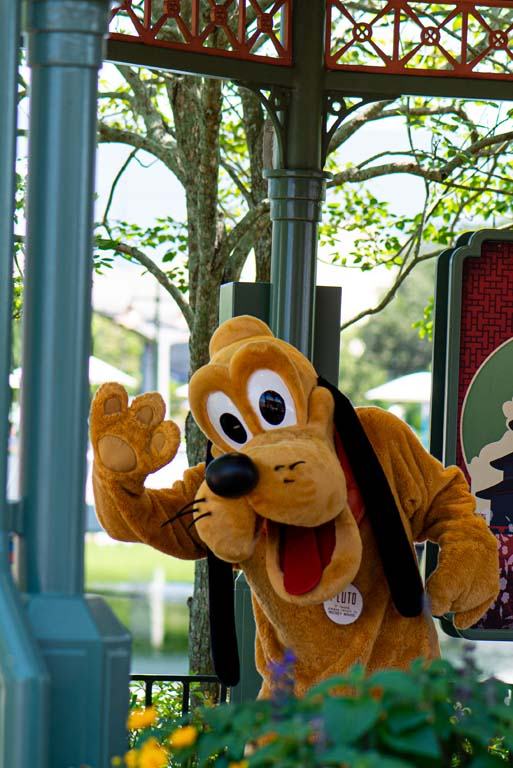 Pluto waving at EPCOT's World Showcase