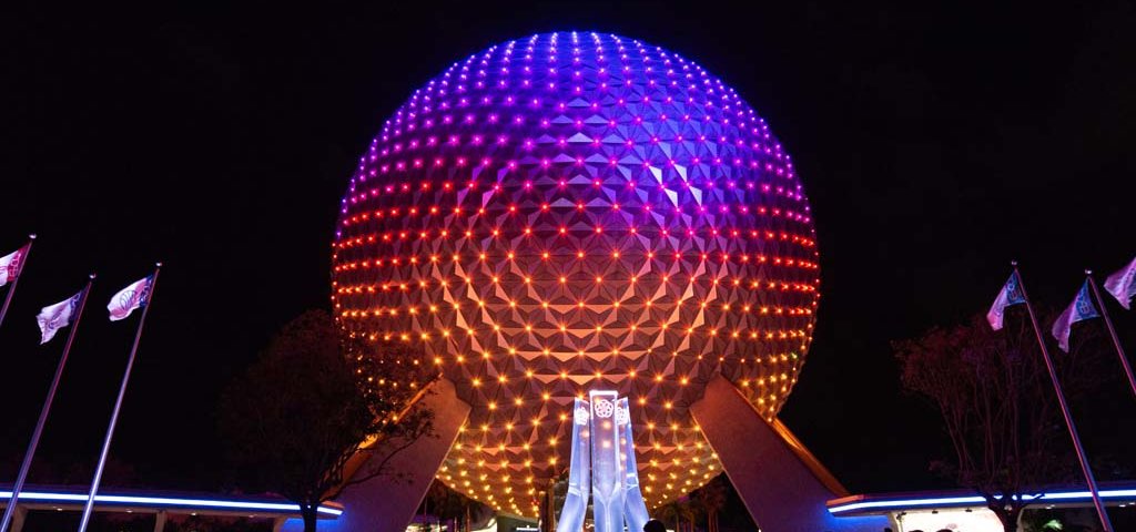 Spaceship Earth ride at EPCOT at night